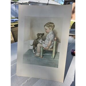 VTG Bessie Pease Gutmann Print "Sympathy" Child Puppy Chair21x14.5 Wall Art